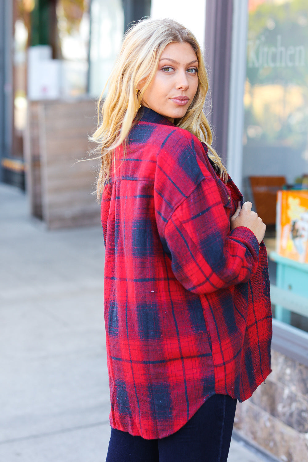 Red Cotton Flannel Plaid Square Hem Pocketed Jacket