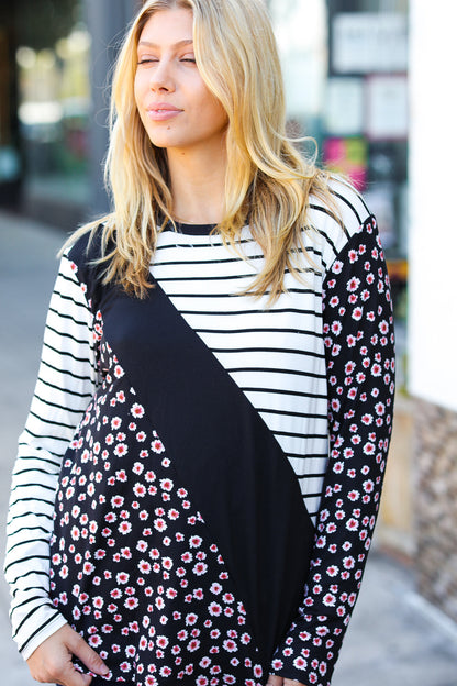 Floral and Stripe Hacci Knit Color Block Raglan Pullover