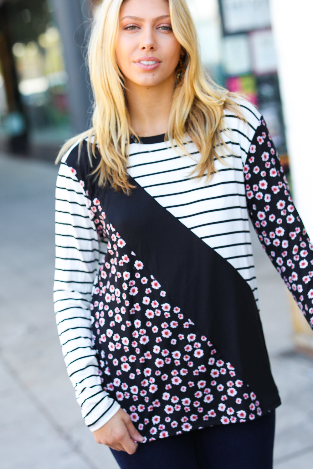 Floral and Stripe Hacci Knit Color Block Raglan Pullover