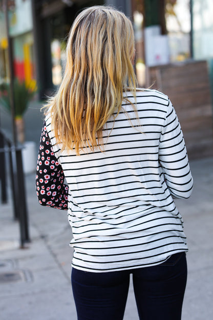 Floral and Stripe Hacci Knit Color Block Raglan Pullover