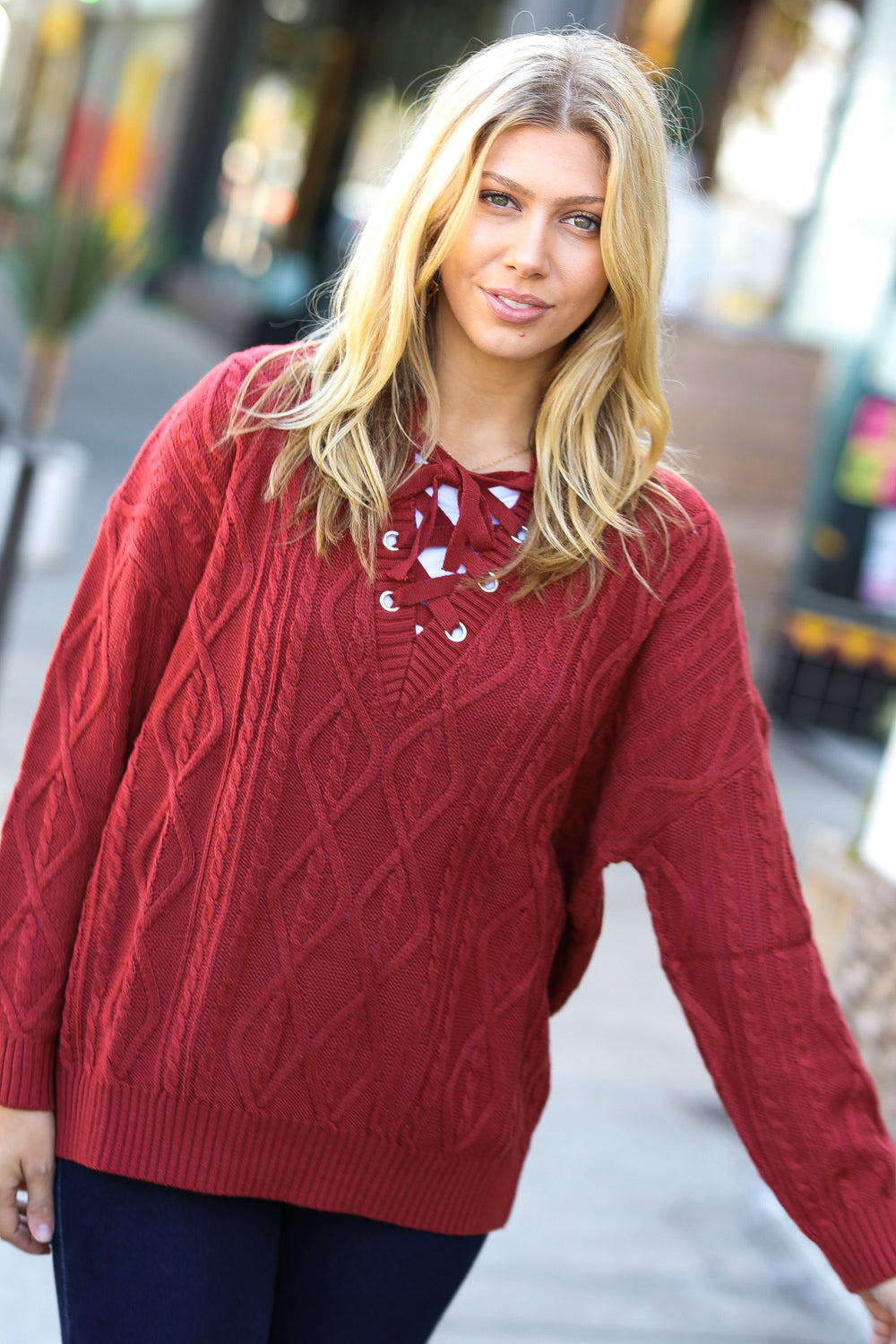 Rust Cable Knit Lace Up V Neck Sweater