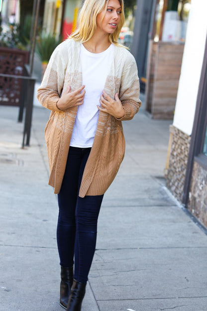 Camel Ombre Cable Knit Open Cardigan