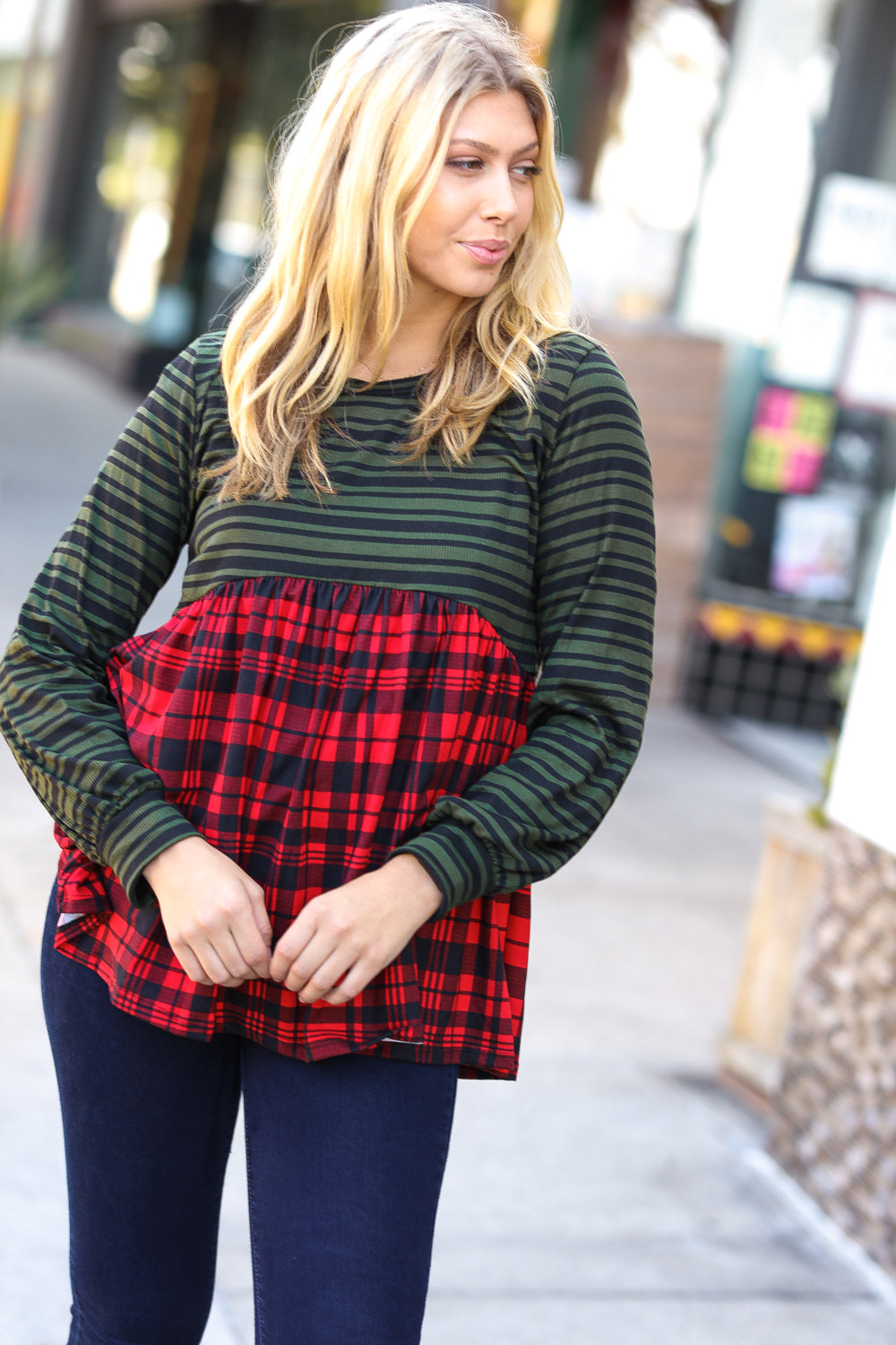 Holiday Plaid Babydoll Color Block Swing Top