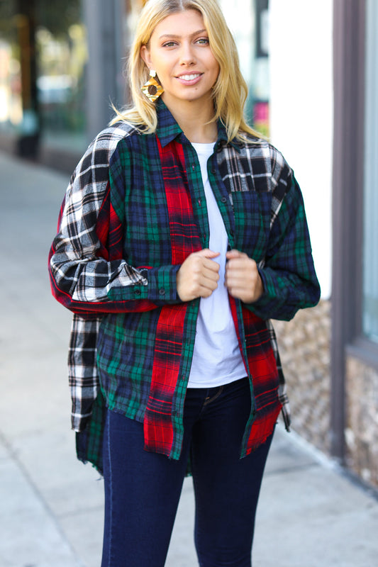 Holiday Plaid Cotton Color Block Cut-Edge Shacket