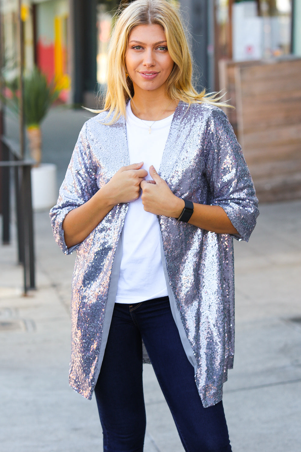 Holiday Silver Iridescent Sequin Open Lined Cardigan