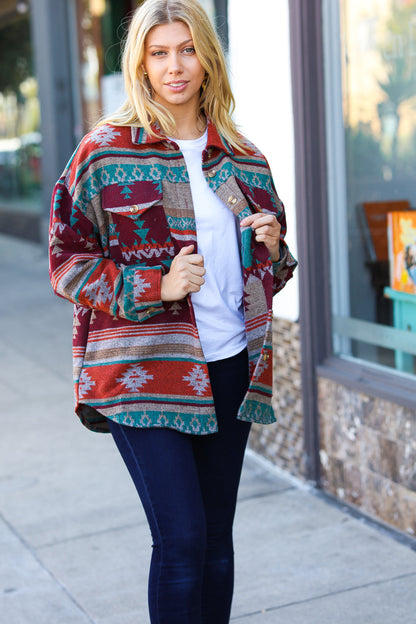 Holiday Aztec Flannel Textured Button Down Pocketed Shacket