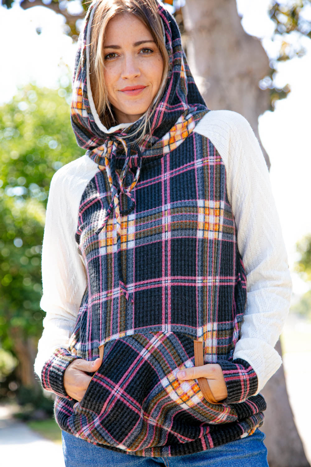 Multicolor Plaid Cable Knit Elbow Pad Hoodie