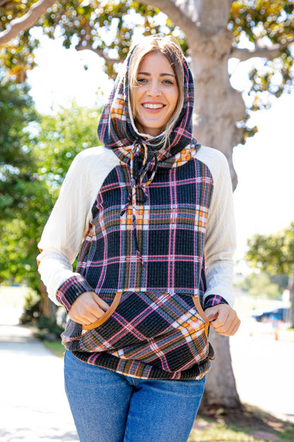 Multicolor Plaid Cable Knit Elbow Pad Hoodie