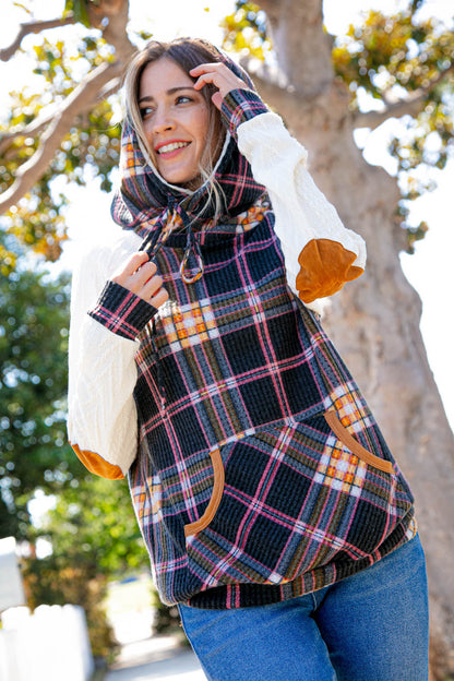 Multicolor Plaid Cable Knit Elbow Pad Hoodie