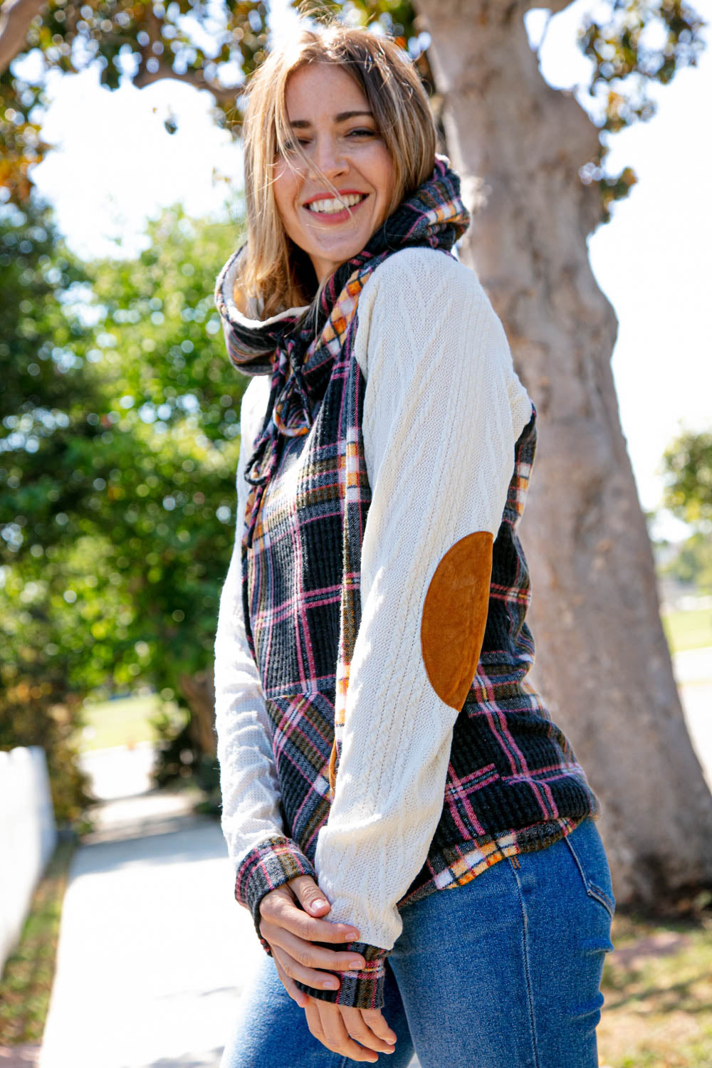 Multicolor Plaid Cable Knit Elbow Pad Hoodie