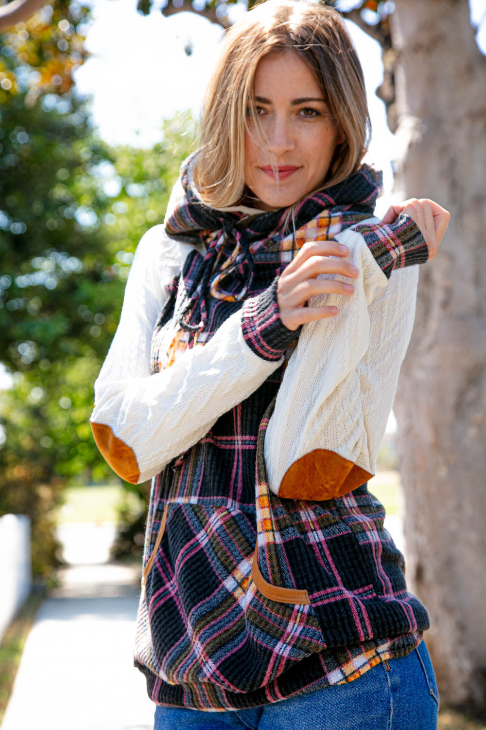 Multicolor Plaid Cable Knit Elbow Pad Hoodie