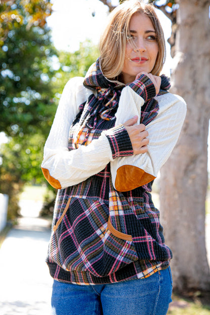 Multicolor Plaid Cable Knit Elbow Pad Hoodie