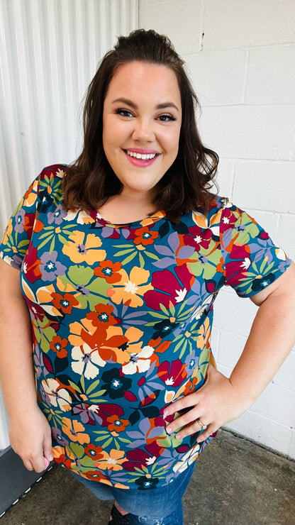 Teal & Maroon Flat Floral Print Top