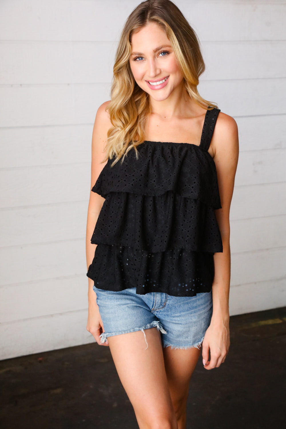 Black Eyelet Tiered Sleeveless Lined Top