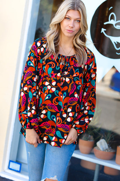 Magenta & Rust Boho Floral Bubble Sleeve Top