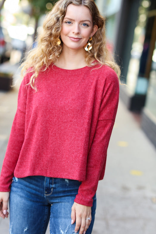 Stay Awhile Red Ribbed Dolman Cropped Sweater