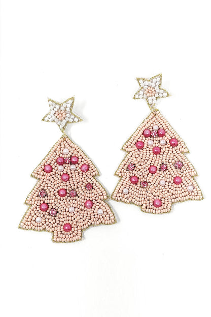 Pink Beaded & Jeweled Christmas Tree Dangle Earrings