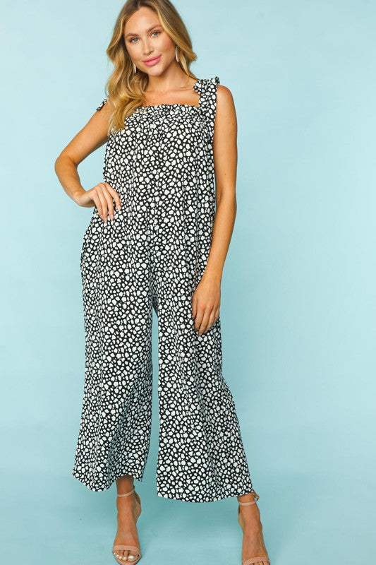 Black & White Animal Print Wide Leg  Frilled Jumpsuit