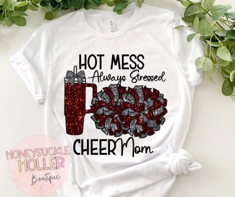 Faux Sparkle Maroon and Grey Hot Mess Always Stressed Cheer Mom