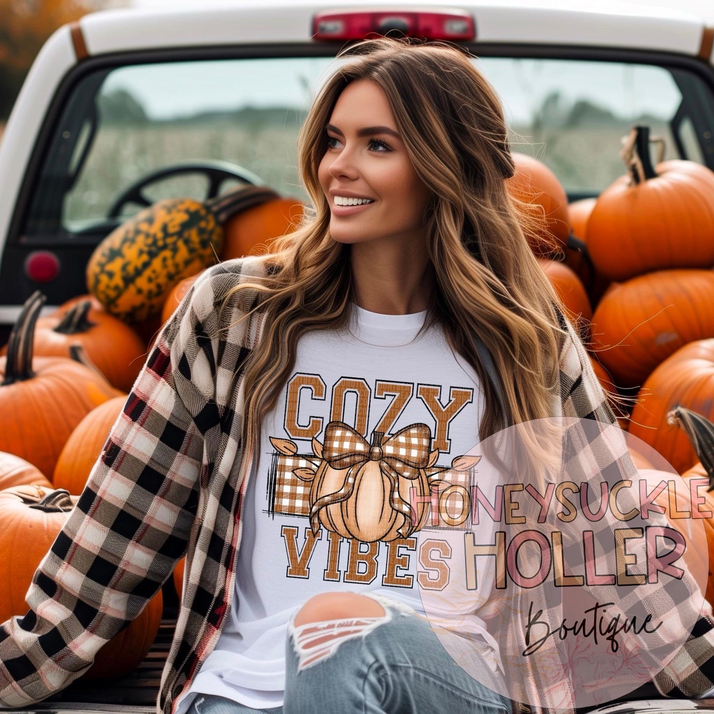 Brown Cozy Vibes w/Gingham and White Pumpkin on White