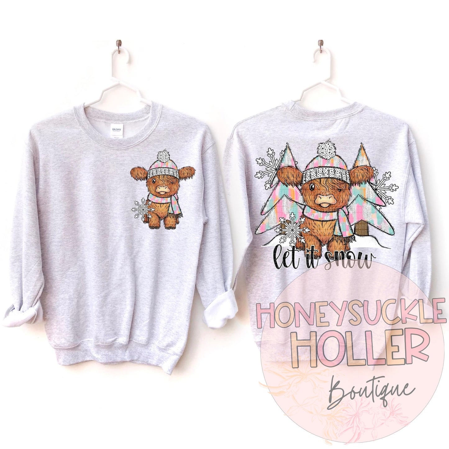 Let It Snow Highland Cow Front and Back Pink and Aqau Accents