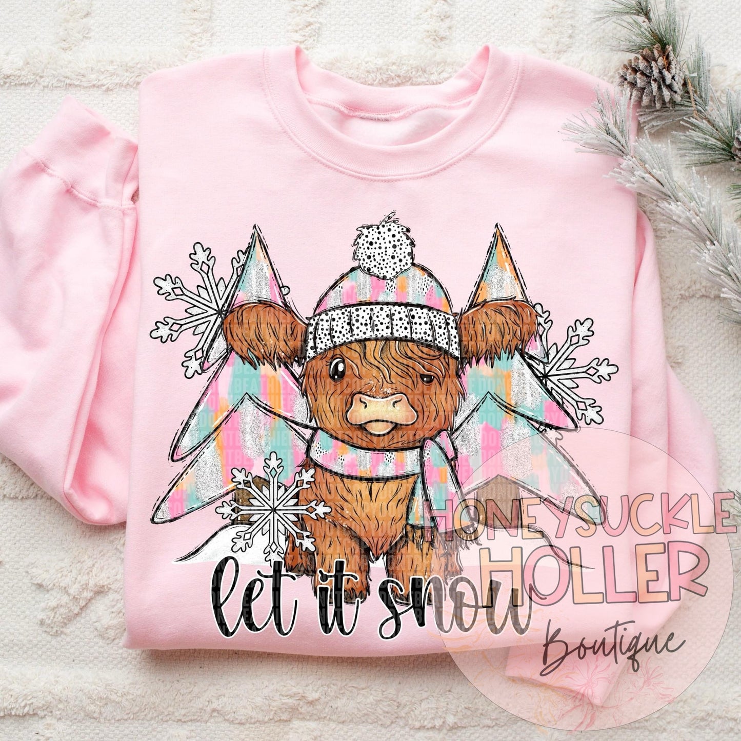 Let It Snow Highland Cow Pink and Aqau Accents