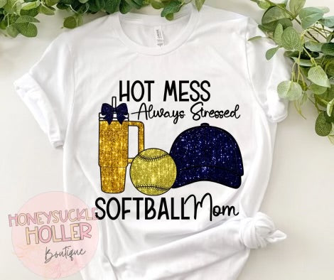 Faux Sparkle Navy and Gold Hot Mess Always Stressed Softball Mom