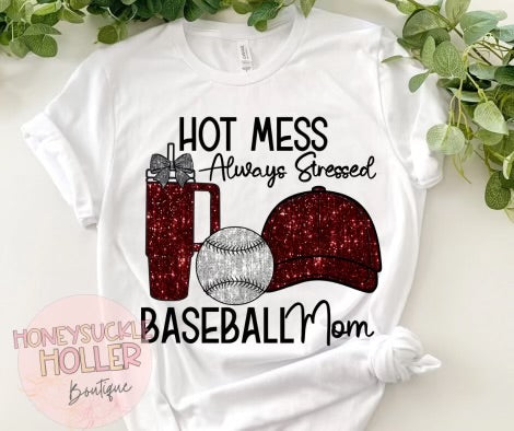 Faux Sparkle Maroon and Grey Hot Mess Always Stressed Baseball Mom