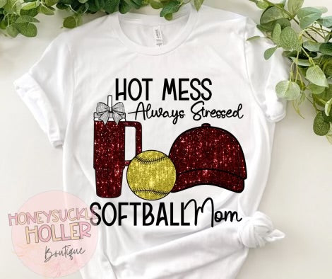 Faux Sparkle Maroon and Grey Hot Mess Always Stressed Softball Mom