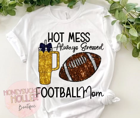 Faux Sparkle Navy and Gold Hot Mess Always Stressed Football Mom