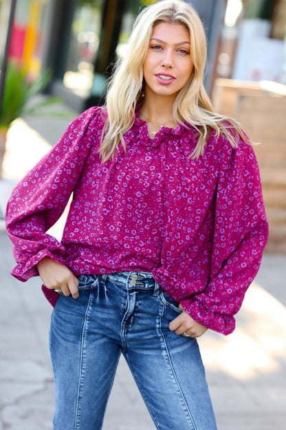 Magenta In Your Dreams Ditzy Floral Frill Neck Top