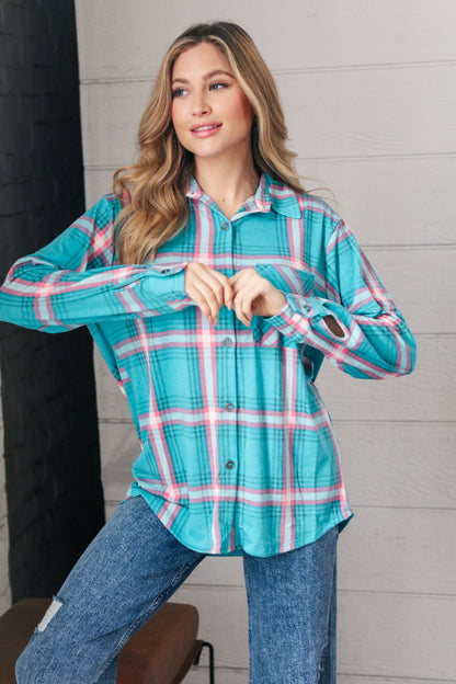 Teal & Pink Plaid Front Pocket Shirt Shacket