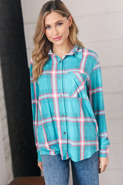 Teal & Pink Plaid Front Pocket Shirt Shacket