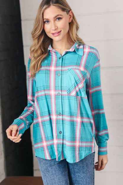 Teal & Pink Plaid Front Pocket Shirt Shacket