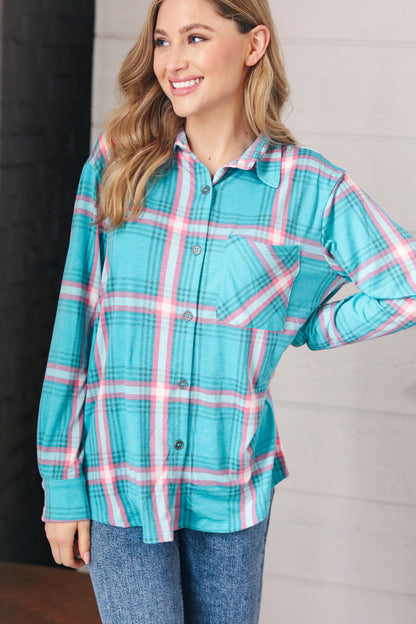 Teal & Pink Plaid Front Pocket Shirt Shacket