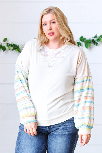 Oatmeal Lace V Neck Vintage Stripe Pullover