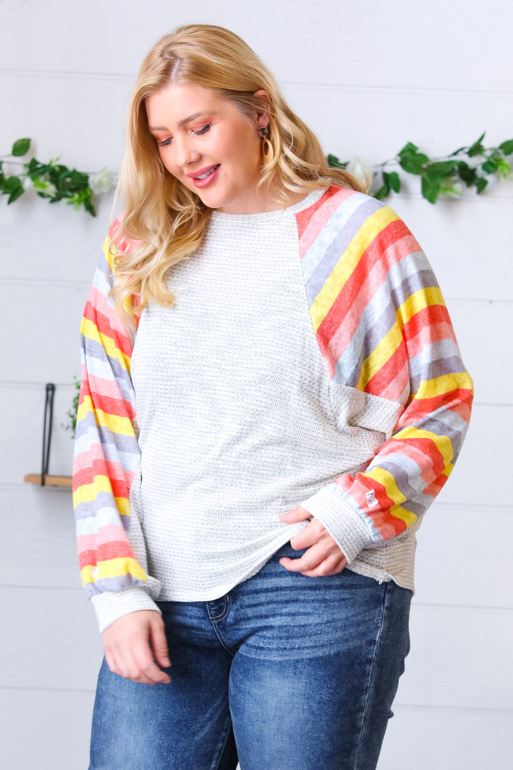 Grey Two Tone Multi Color Stripe Raglan Top