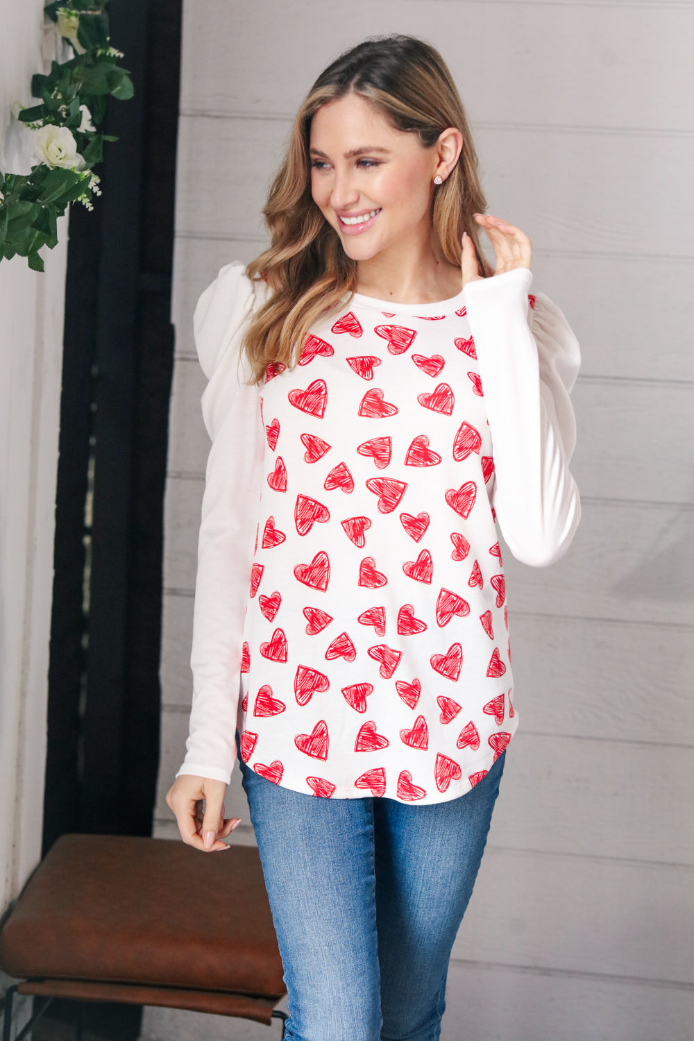 Heart Print French Terry Puff Sleeve Top