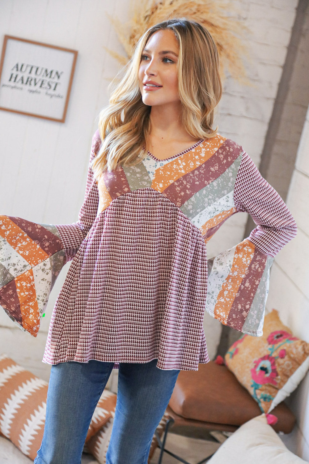 Burgundy Floral Stripe Two Tone Bell Sleeve Knit Top