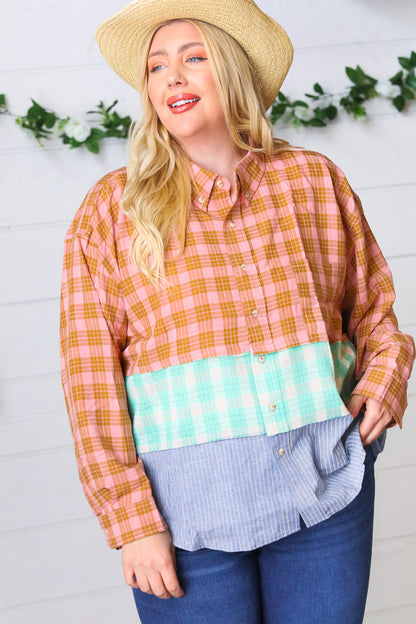 Rose Gold Cotton Linen Plaid Stripe Color Block Shirt