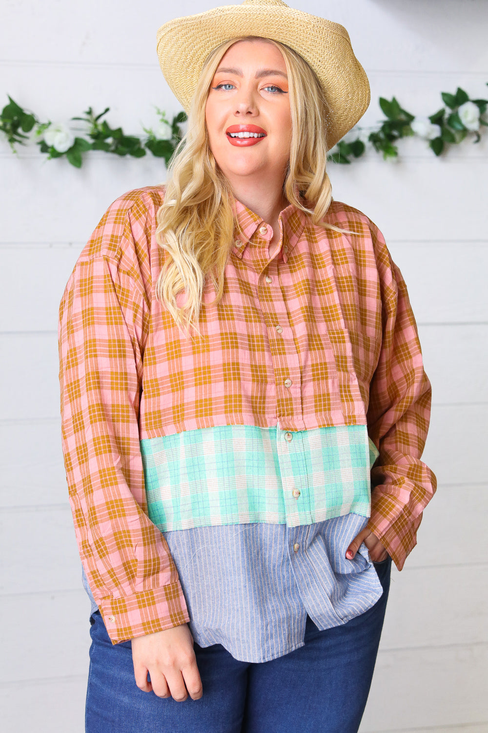 Rose Gold Cotton Linen Plaid Stripe Color Block Shirt