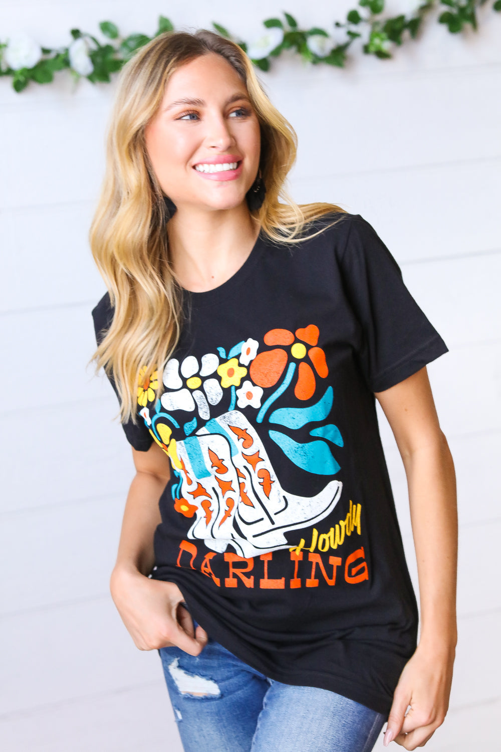 Black Cotton HOWDY DARLING Graphic Tee