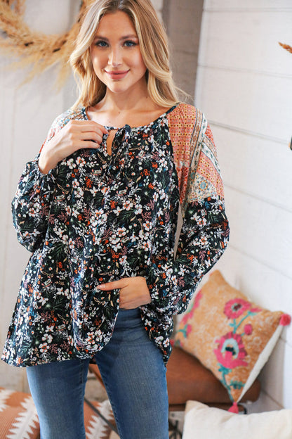 Boho Floral Ethnic Print Front Tie Woven Blouse