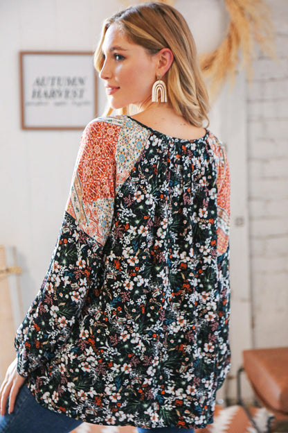 Boho Floral Ethnic Print Front Tie Woven Blouse