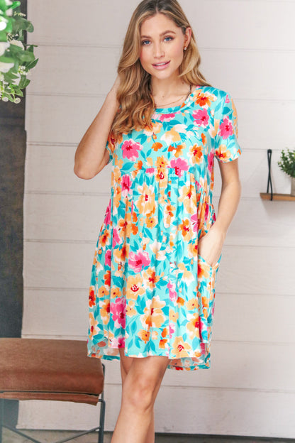 Teal & Magenta Floral Babydoll Fit and Flare Dress