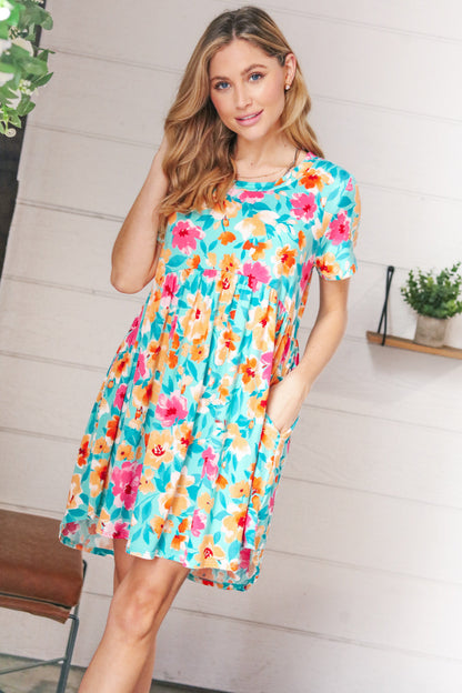 Teal & Magenta Floral Babydoll Fit and Flare Dress