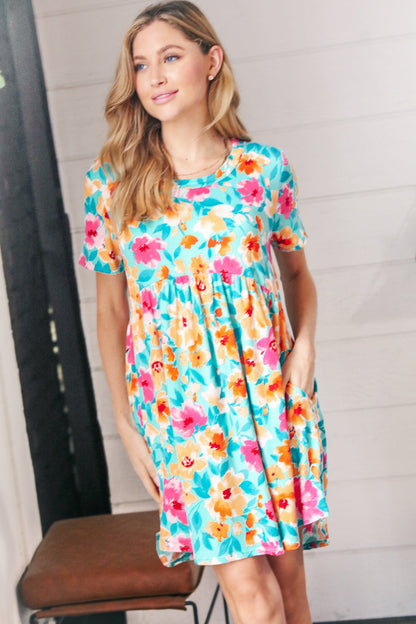 Teal & Magenta Floral Babydoll Fit and Flare Dress