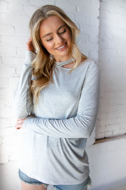 Grey Stripe Cold Shoulder Cut Out Knit Top