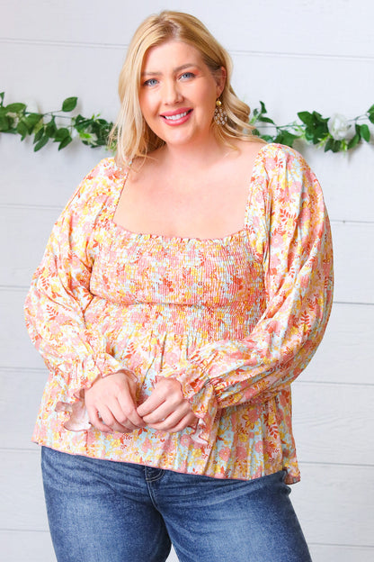 Peach/Teal Floral Square Neck Smocked Challis Blouse