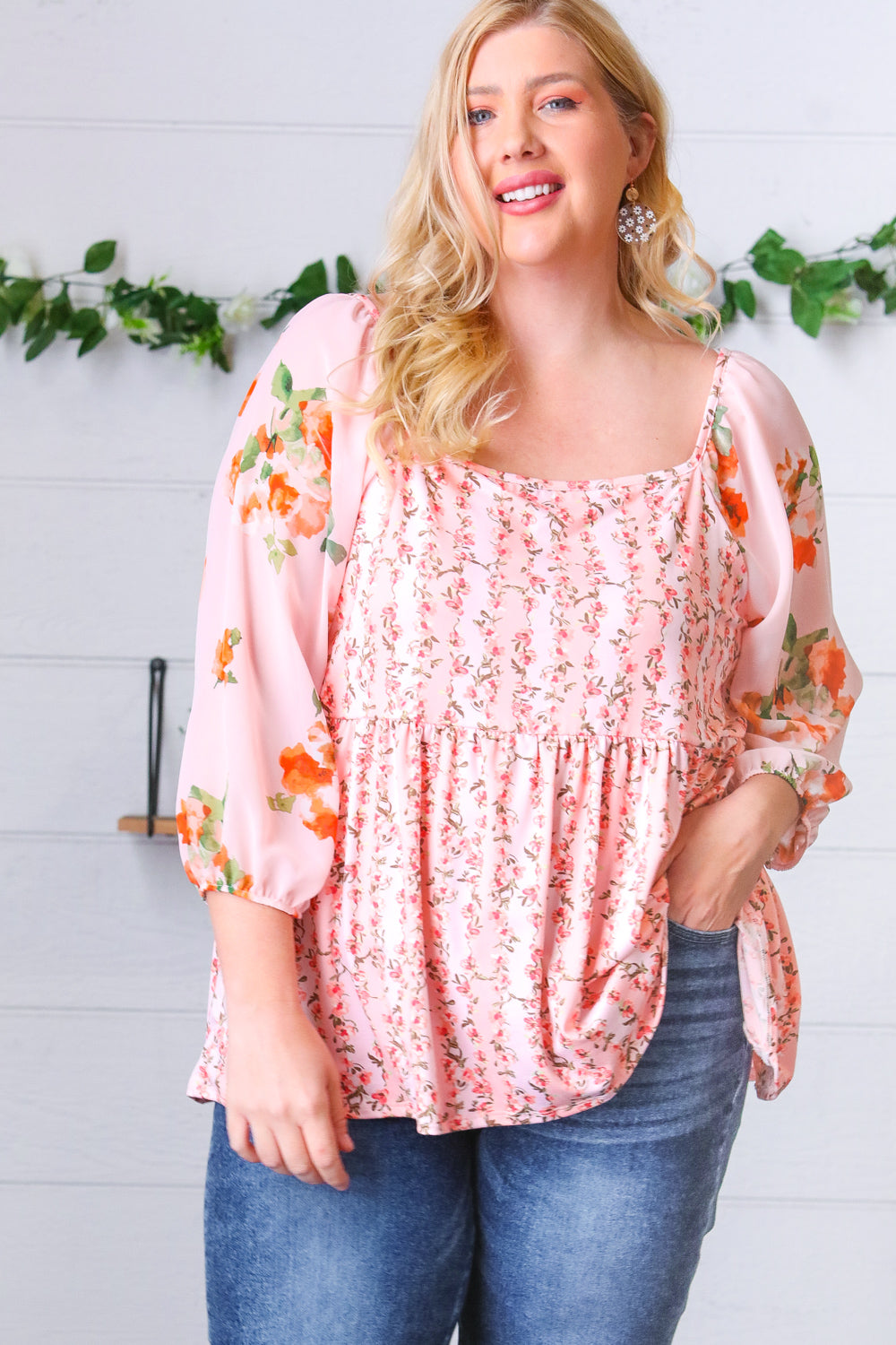 Pink/Red Chiffon Floral Square Neck Babydoll Blouse